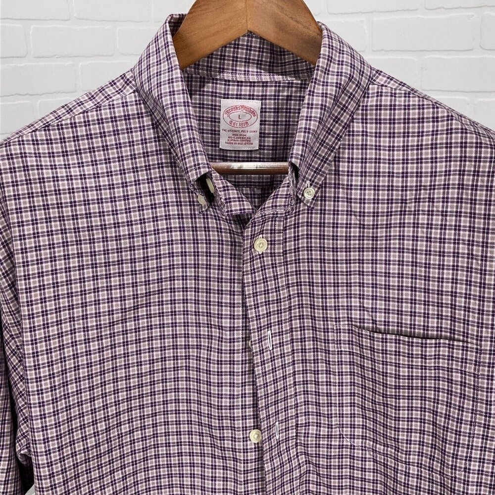 Brooks Brothers Shirt Mens Large Purple Pink Gingham Check Plaid OCBD Non Iron‎